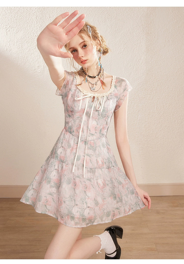 Pink Floral U-neck Lace Trim Dress