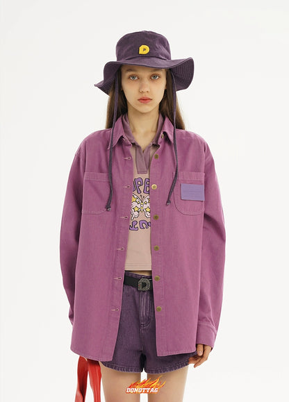 Purple &amp; Green Metal Button Pocket Denim Shirt - CHINASQUAD