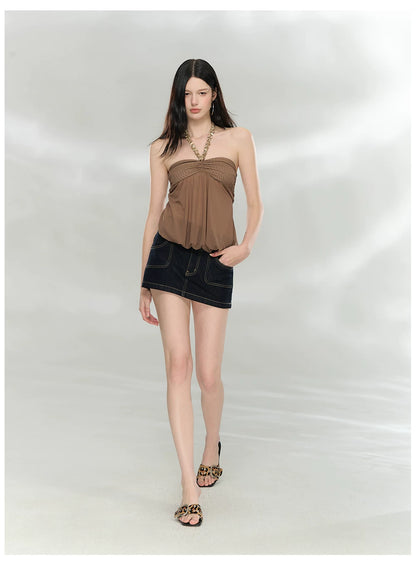 Sheer Double-Layer Mesh Halter Backless Top