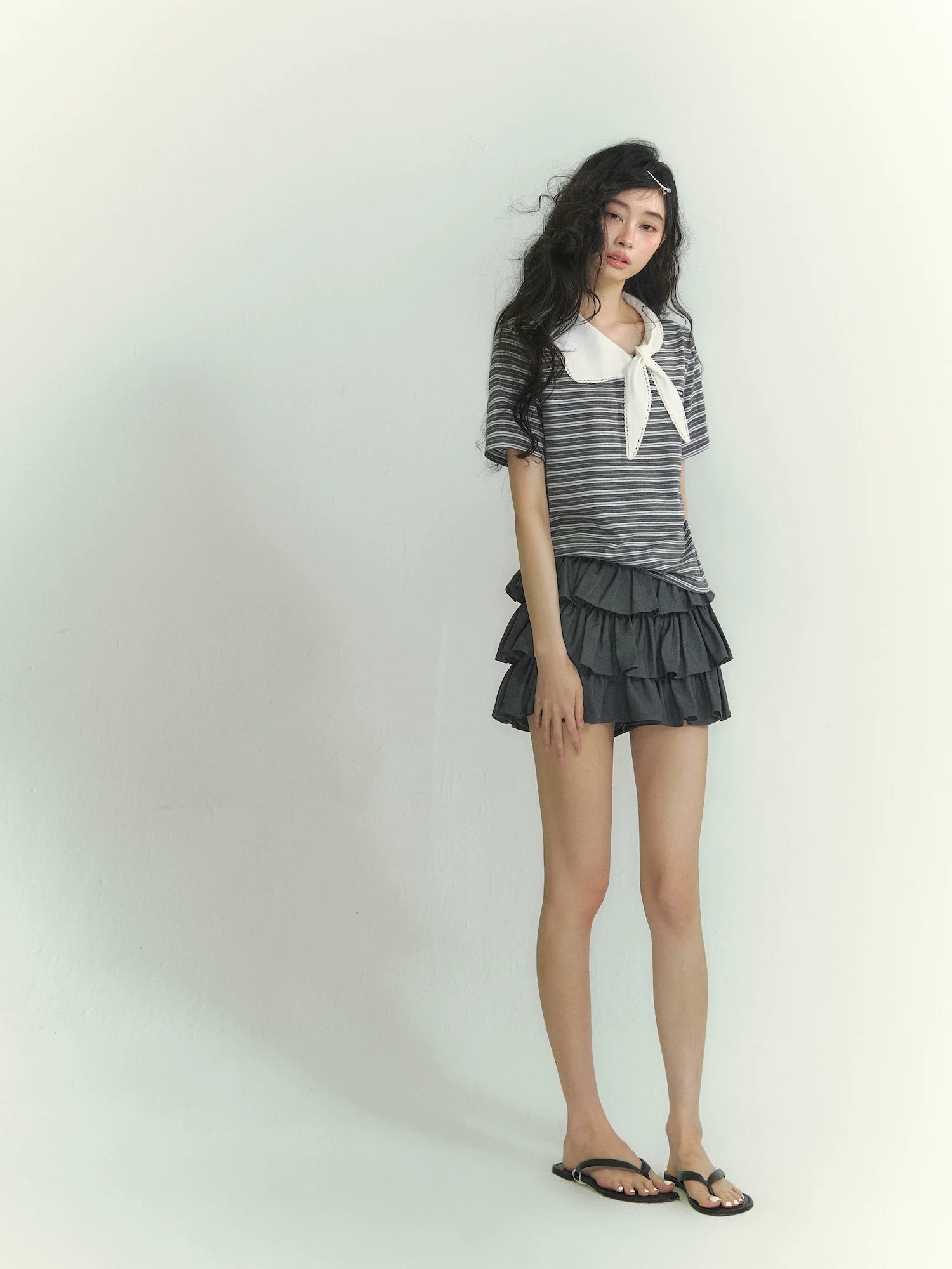 Tie-Neck Sailor Collar Striped Short Sleeve T-Shirt