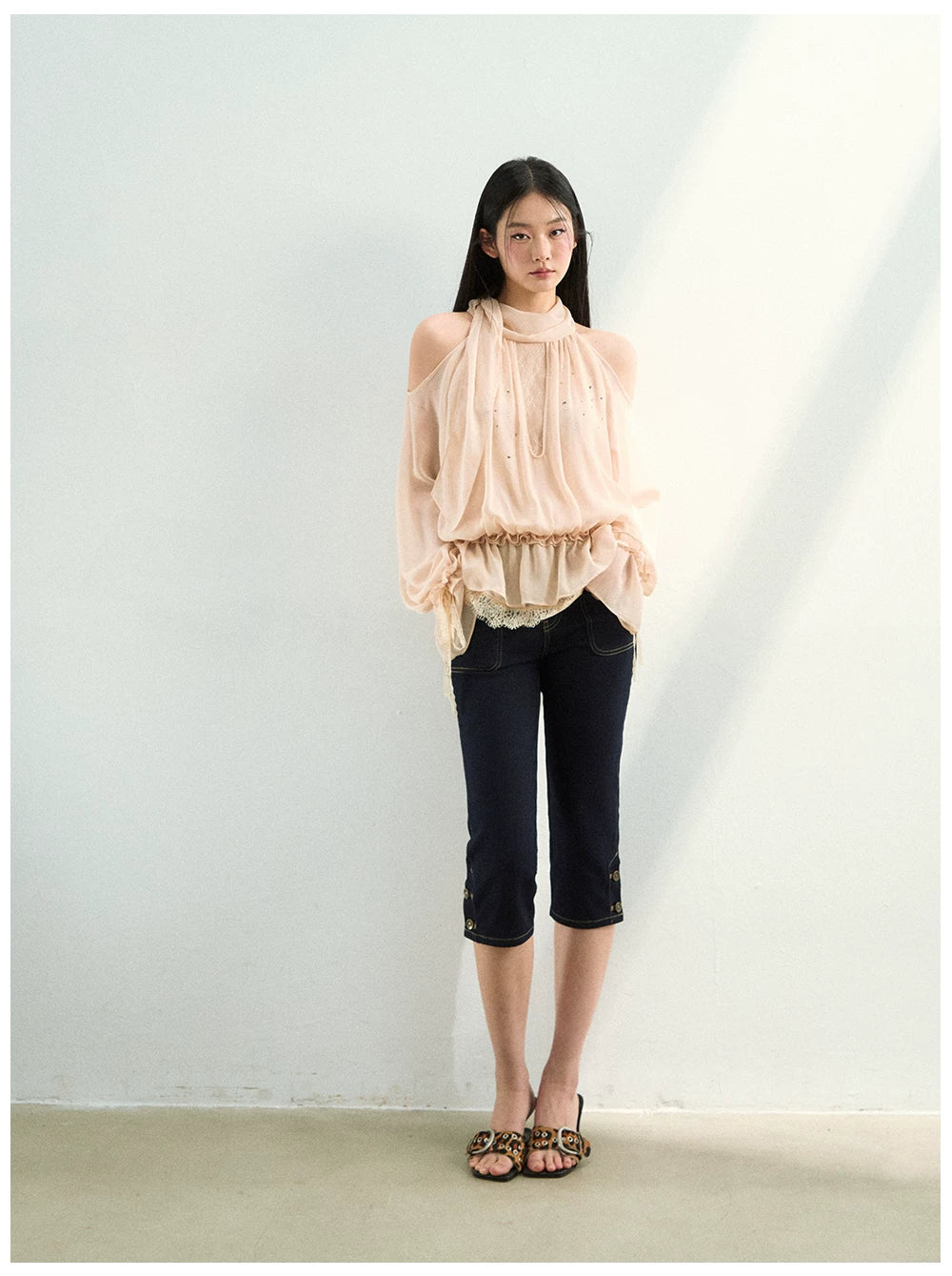 Rhinestone Sheer Chiffon Blouse