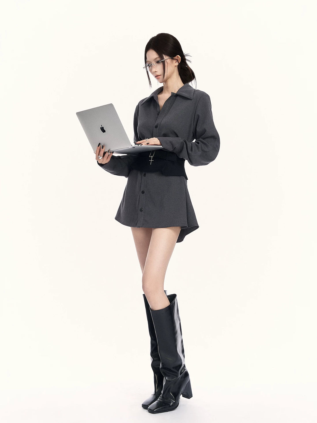 Corset-Waist Shirt Two-Piece Set