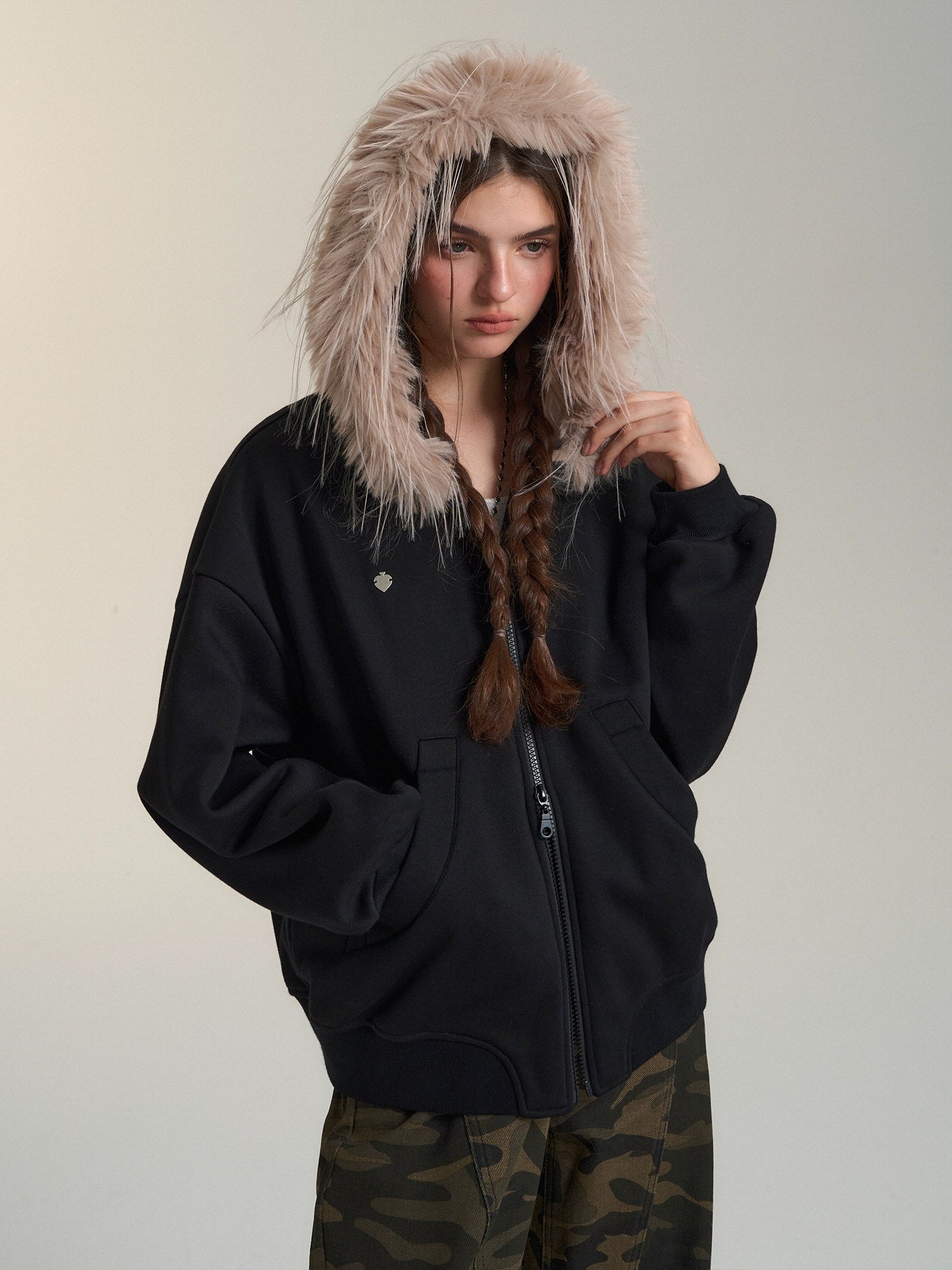 Detachable Fur Collar Double Zipper Hoodie