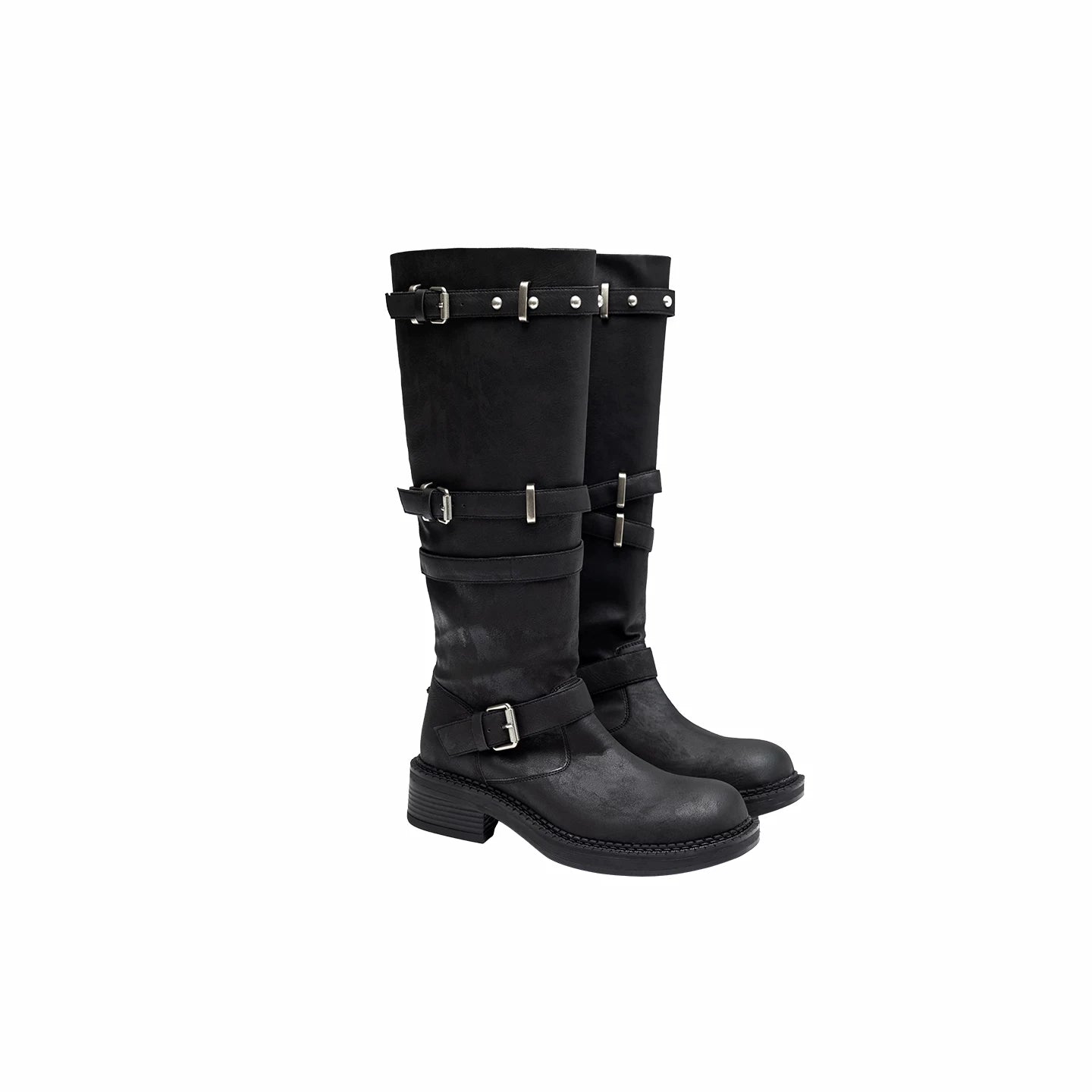 Multi-Strap Studded Mid-Calf Biker Boots