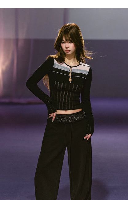 Cut-Out Contrast Knit Fitted Top