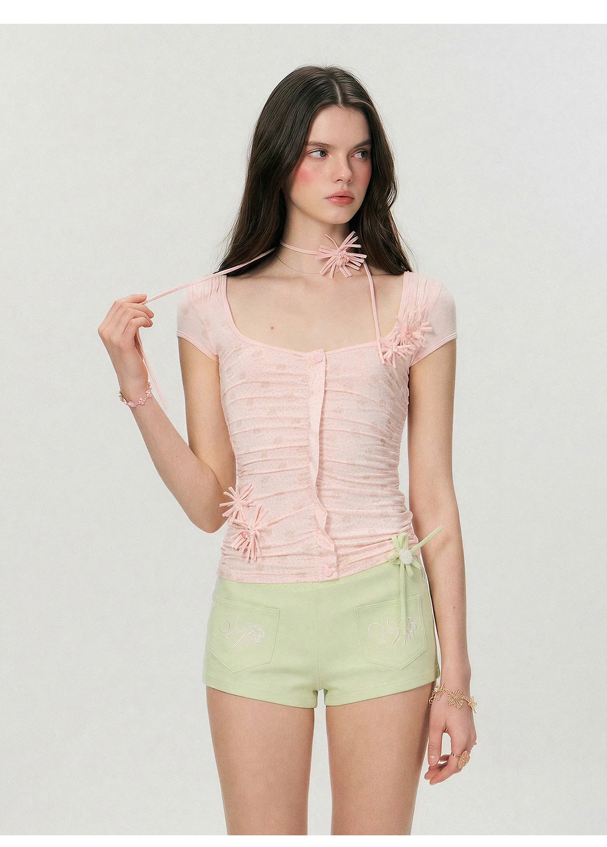 Vintage Handmade Floral Appliqué Ruched Slim-Fit T-Shirt