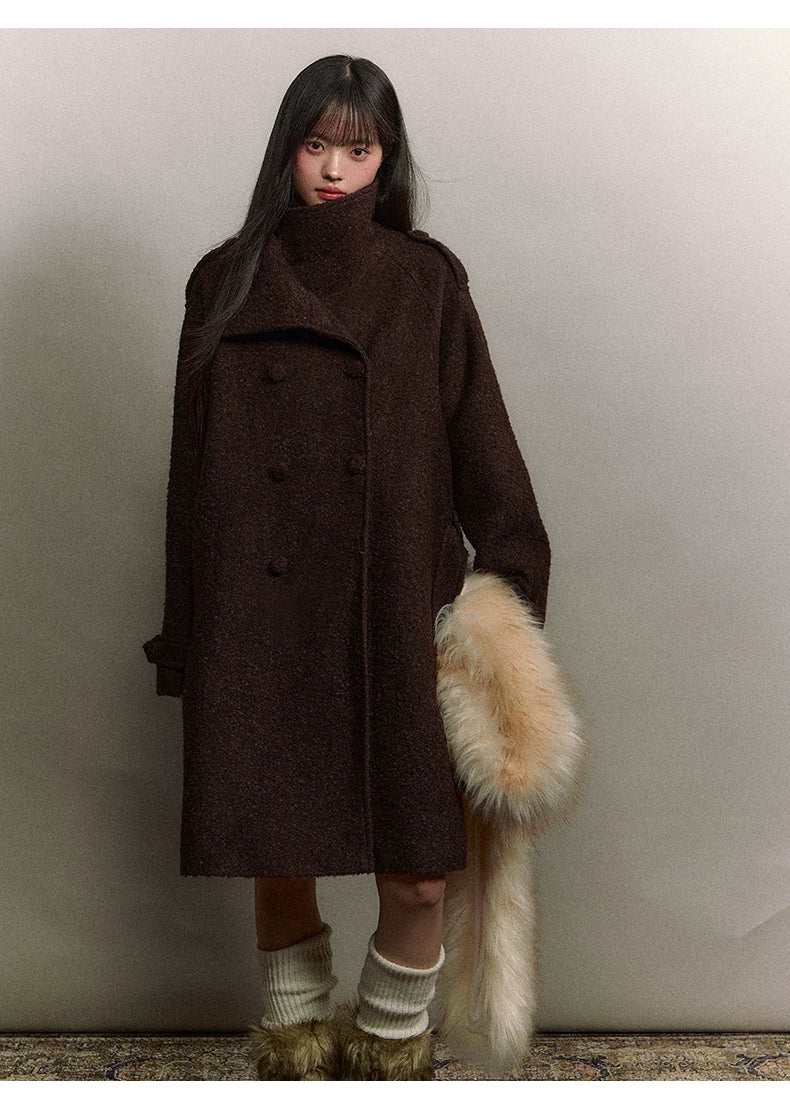 Stand-Collar Bouclé Wool Long Coat