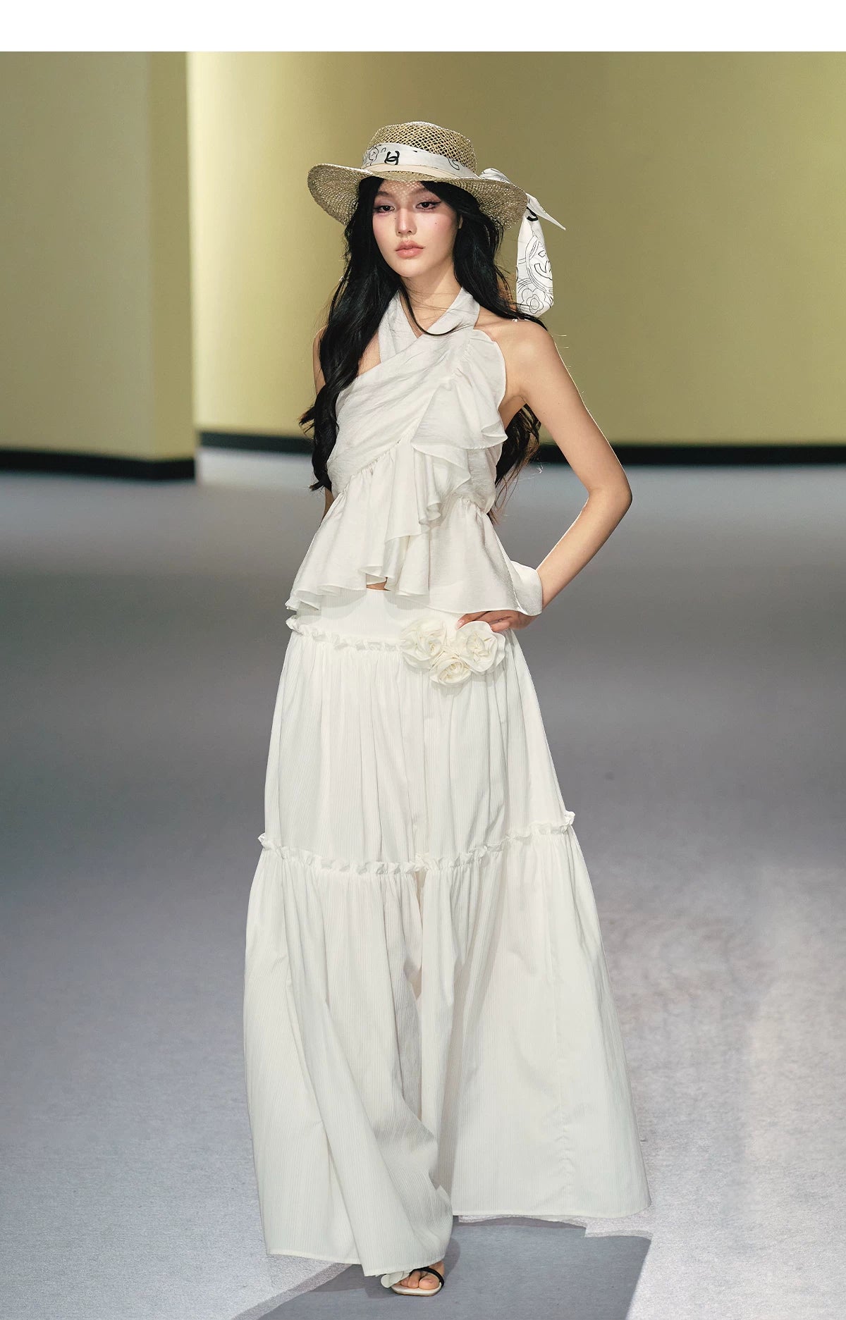 Lyocell Satin Ruffle Halter Top &amp; Floral Maxi Skirt Set