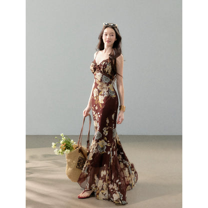 Dreamlike Summer Floral Chiffon Mermaid Slip Maxi Dress