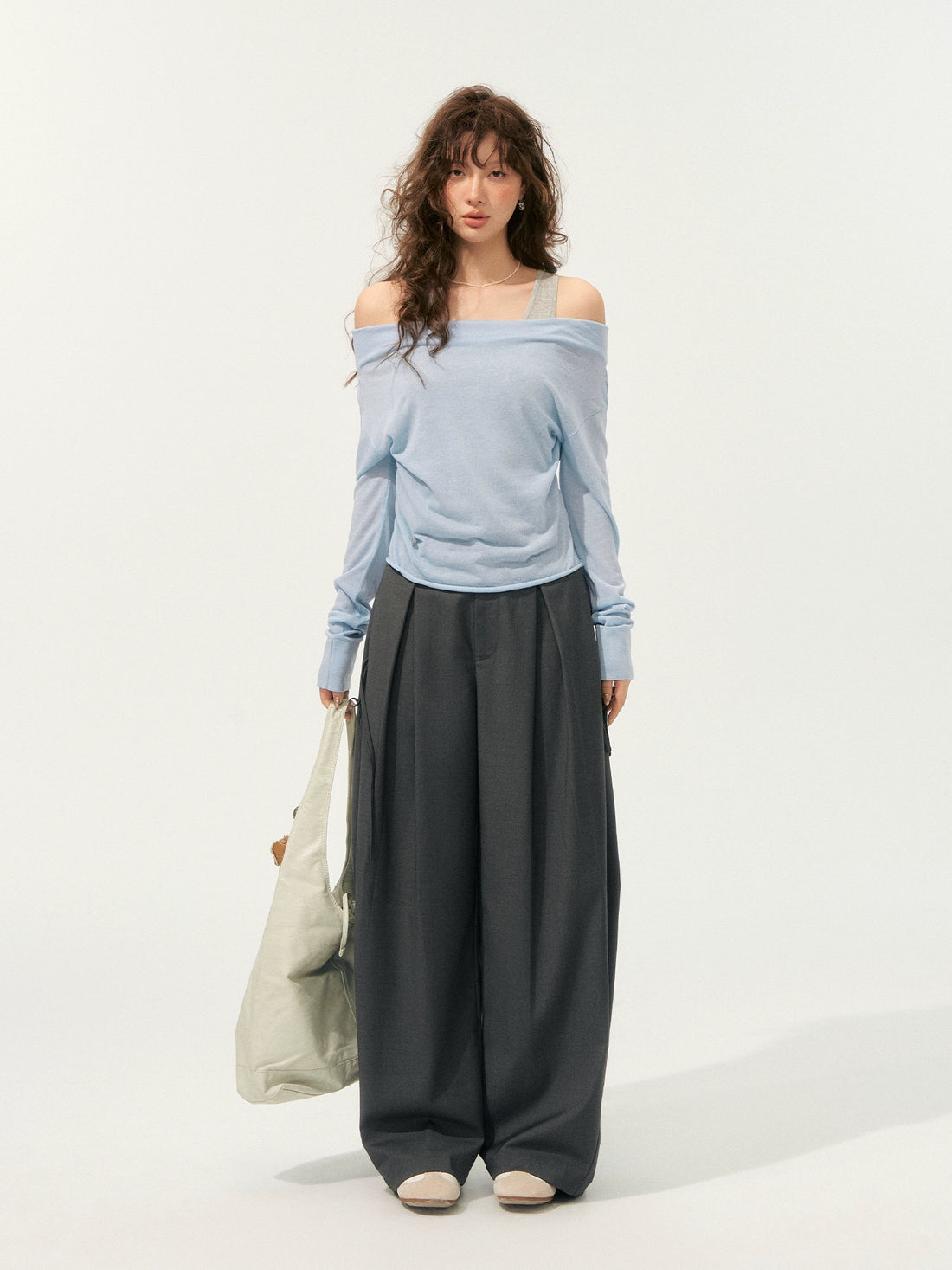 Fake Two-Piece Color-Block Draped Collar Knit Top - CHINASQUAD