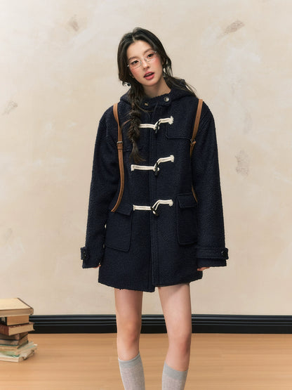 Loose Navy Hooded Woolen Duffle Coat