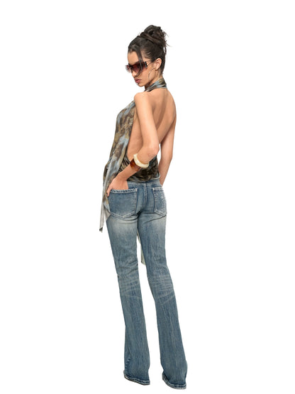 Leopard Drape-Front Backless Mesh Camisole