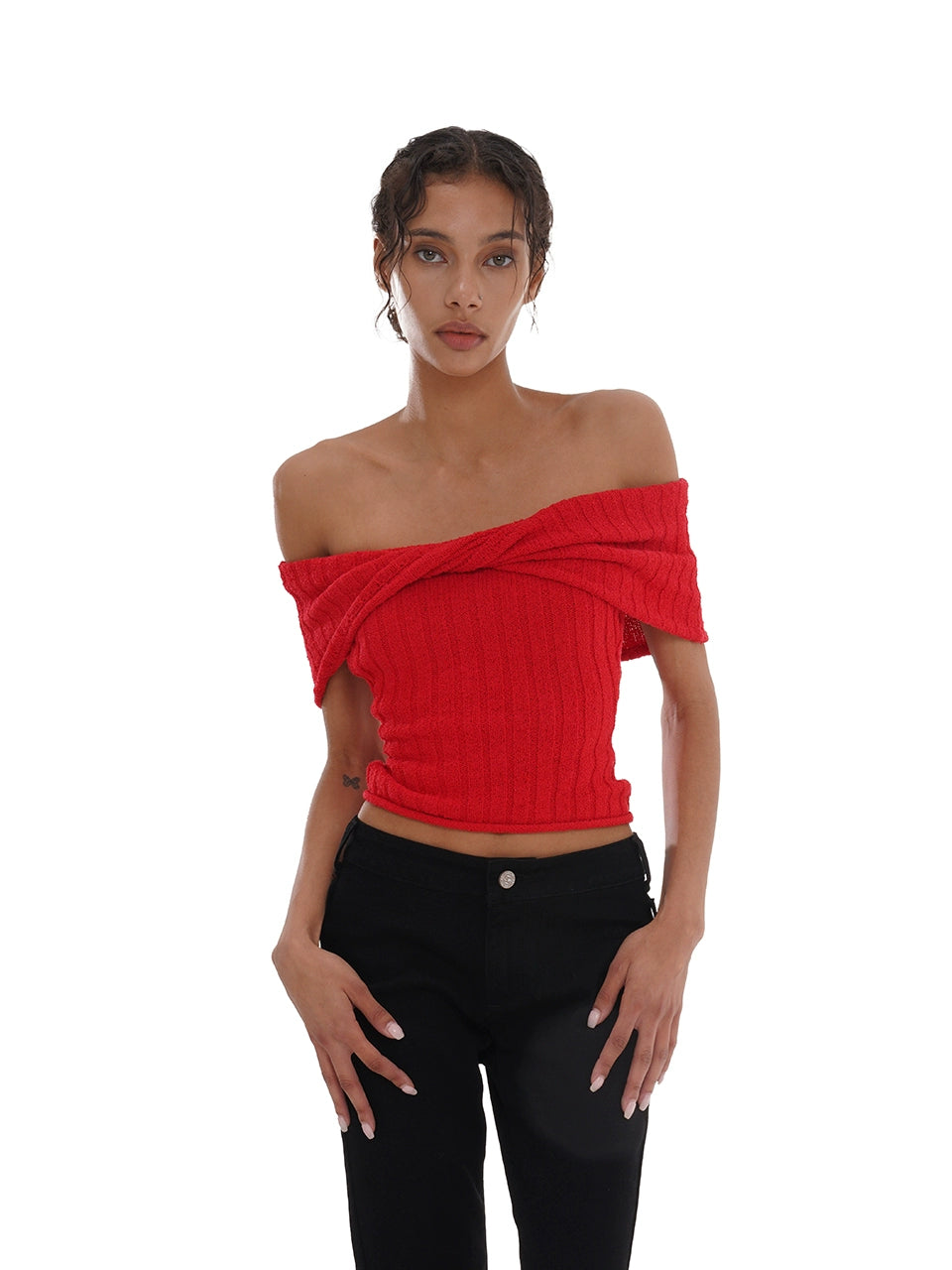 White &amp; Red Off-Shoulder Knitted Top