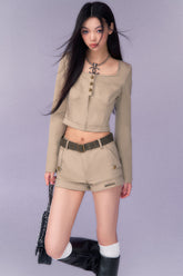 Square Neck Crop Blouse & Low-Rise Shorts Set - CHINASQUAD