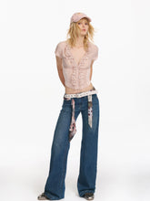 Washed Blue Embroidered Straight Jeans - CHINASQUAD