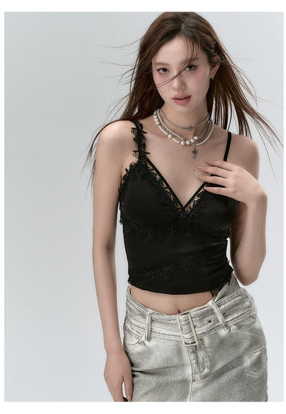 Lace Panelled Spaghetti Strap Tank Top - CHINASQUAD