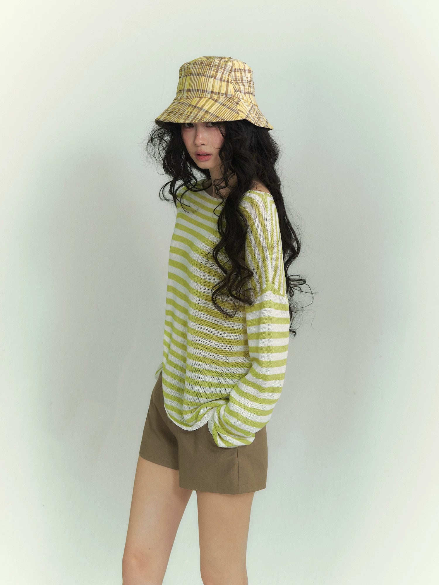 Washi Yarn Striped Off-Shoulder Long Sleeve Knit Top