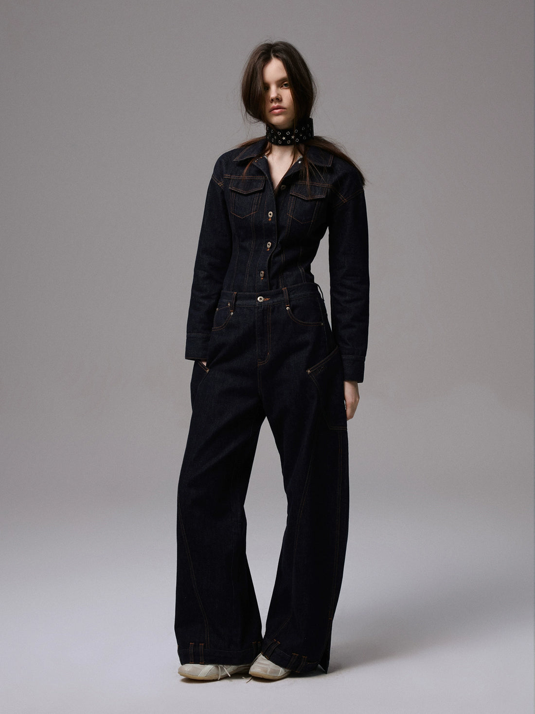 Raw Denim Wide-Shoulder Waist-Cinching Jacket Set - CHINASQUAD