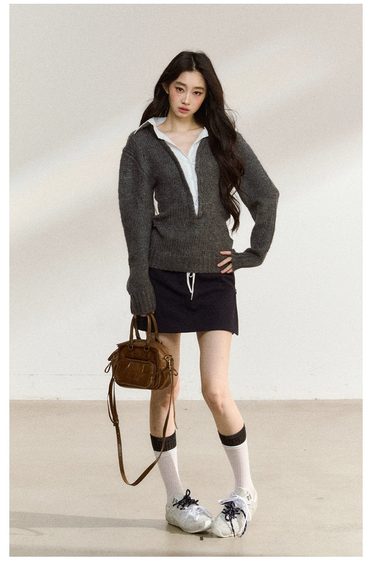 Gray Wool-Blend Layered Knit V-neck