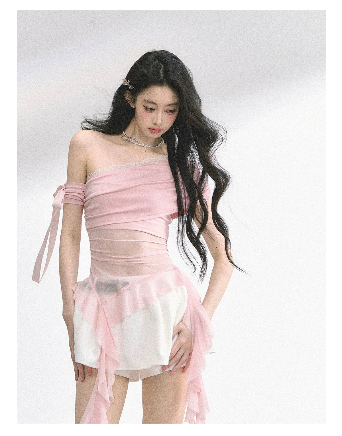 Off-Shoulder Mesh Short-Sleeve T-Shirt