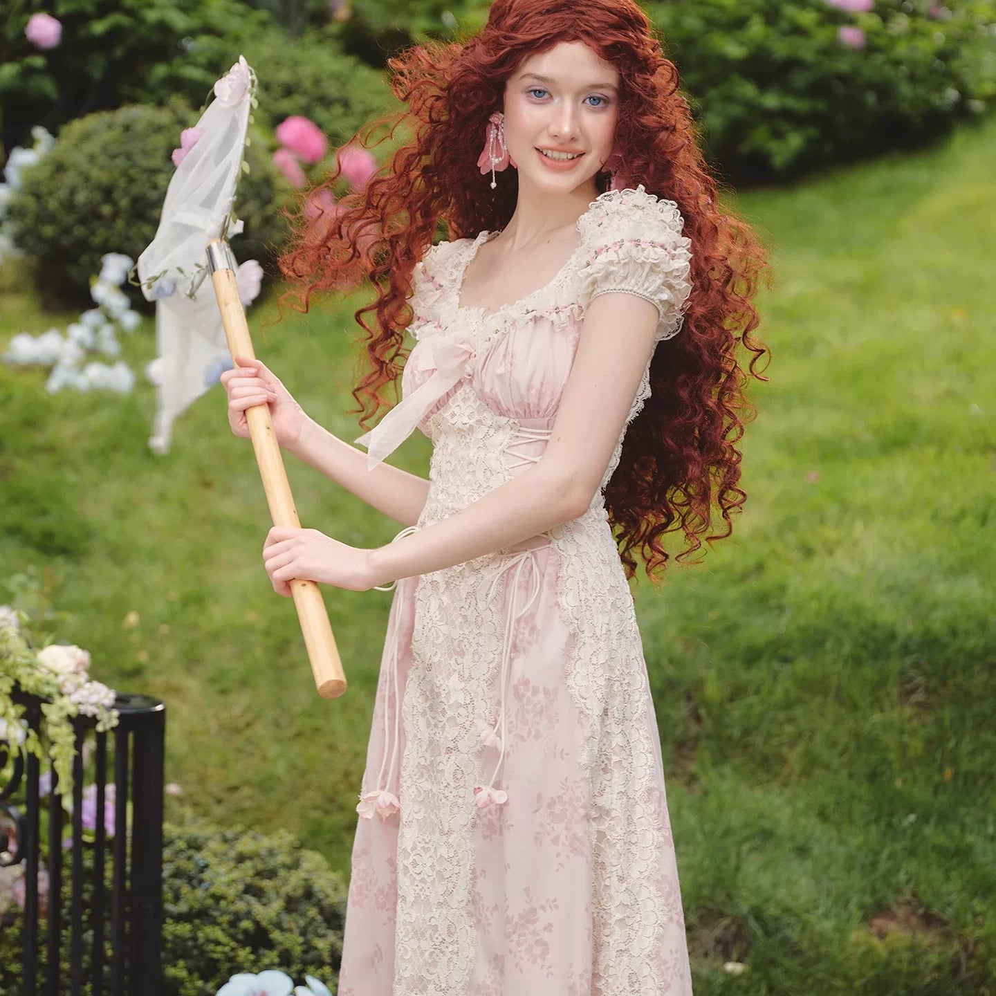 French Sweet Empire-Waist Lace Tie Dress