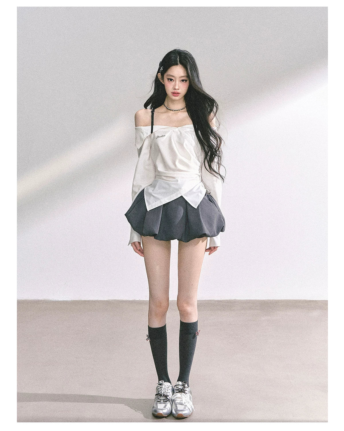 Off-Shoulder Plaid Long-Sleeve Shirt