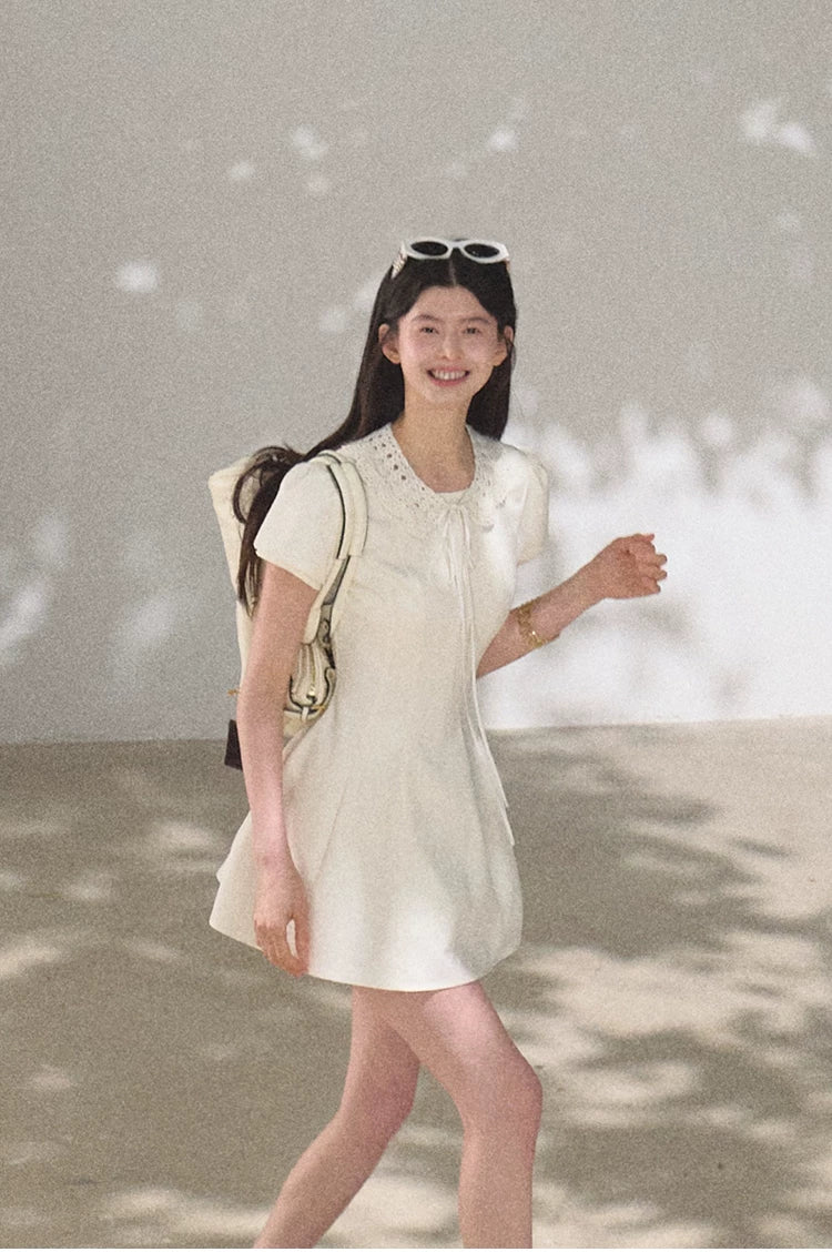 Detachable Crocheted Peter Pan Collar Cinched-Waist Mini Dress