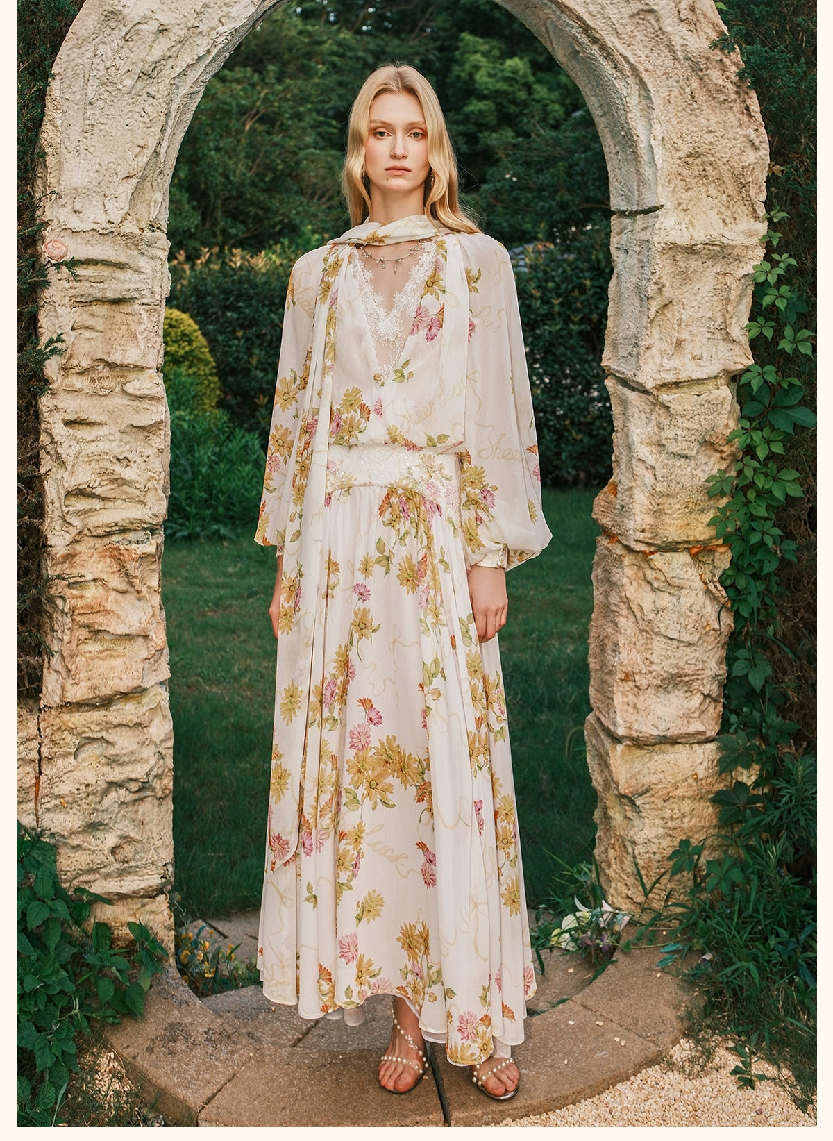 Milena Chiffon Lace Lantern Sleeve Midi Dresse