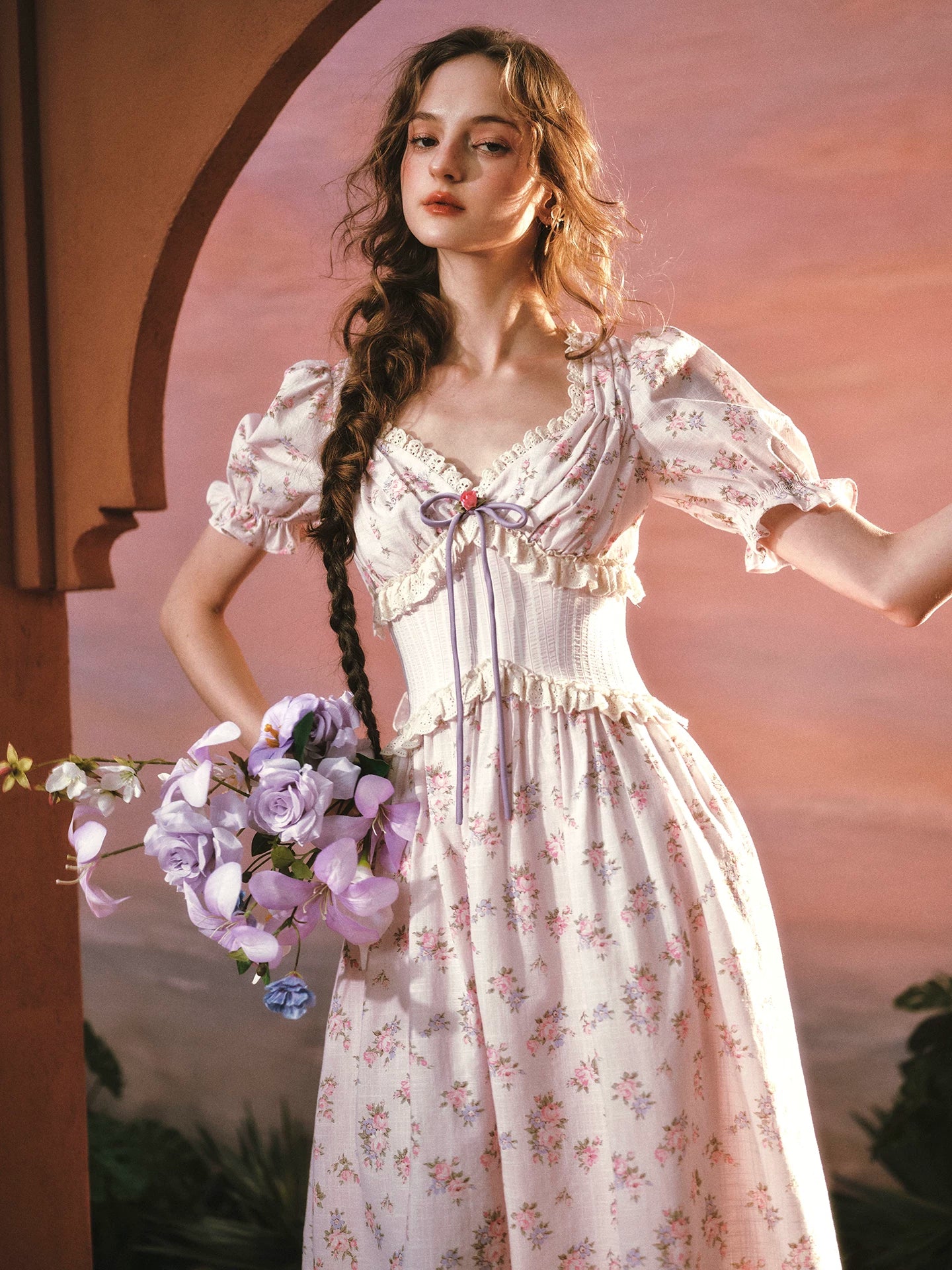Stardew Garden Vintage Floral Waist-Cinching Midi Dress