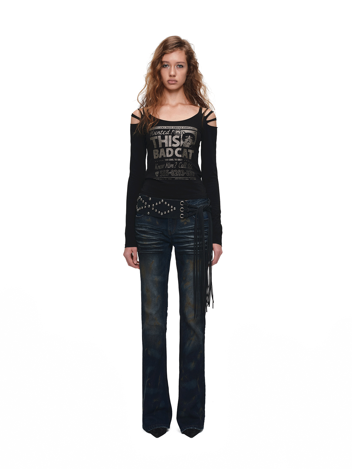 Distressed Graphic Off-Shoulder T-Shirt