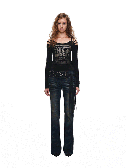 Distressed Graphic Off-Shoulder T-Shirt