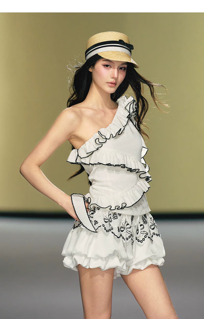 Asymmetric Rose-Trim Layered Top &amp; Puff Bloomers Set
