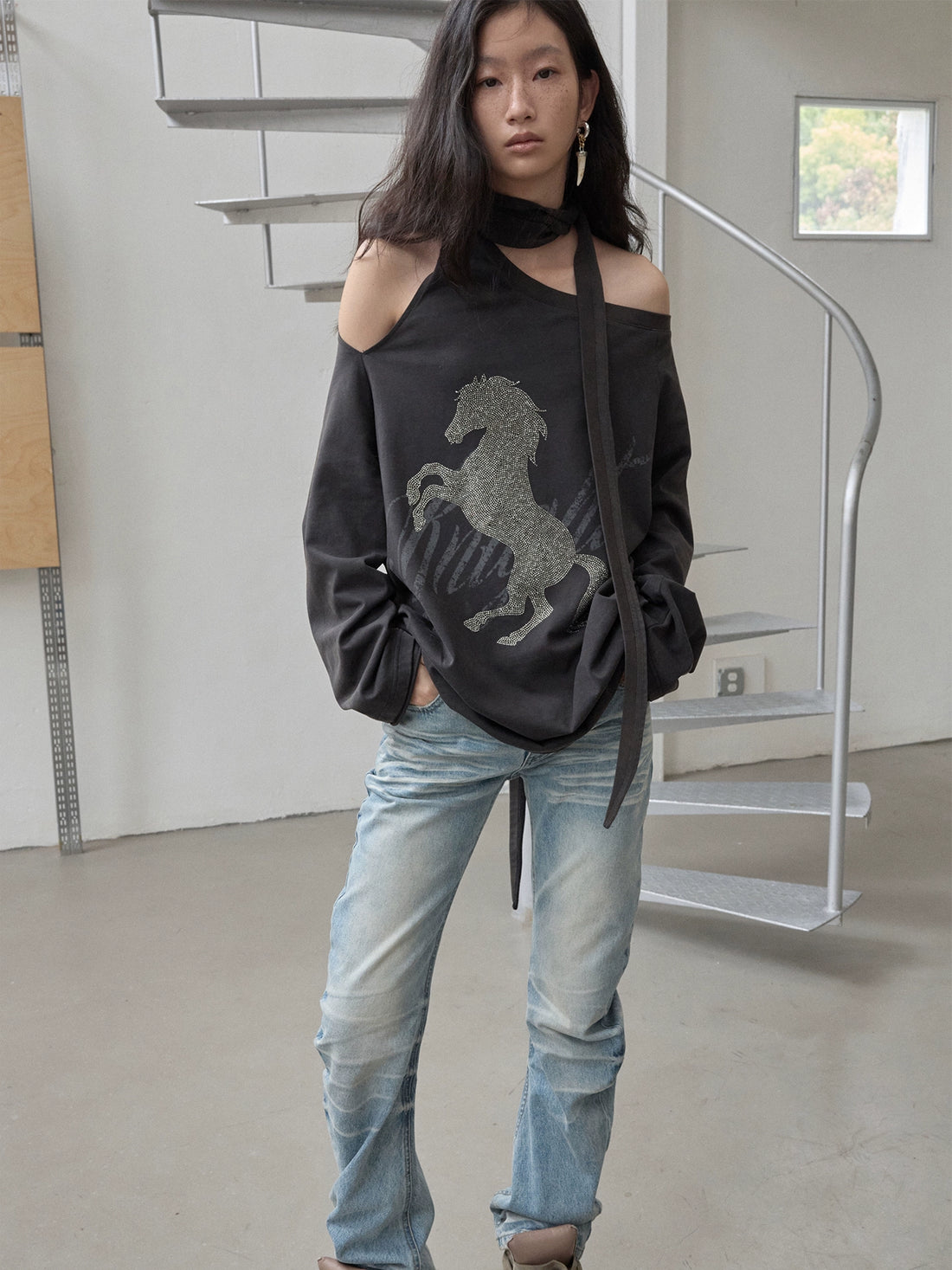 Rhinestone Shoulder-Tie Oversized Sweatshirt