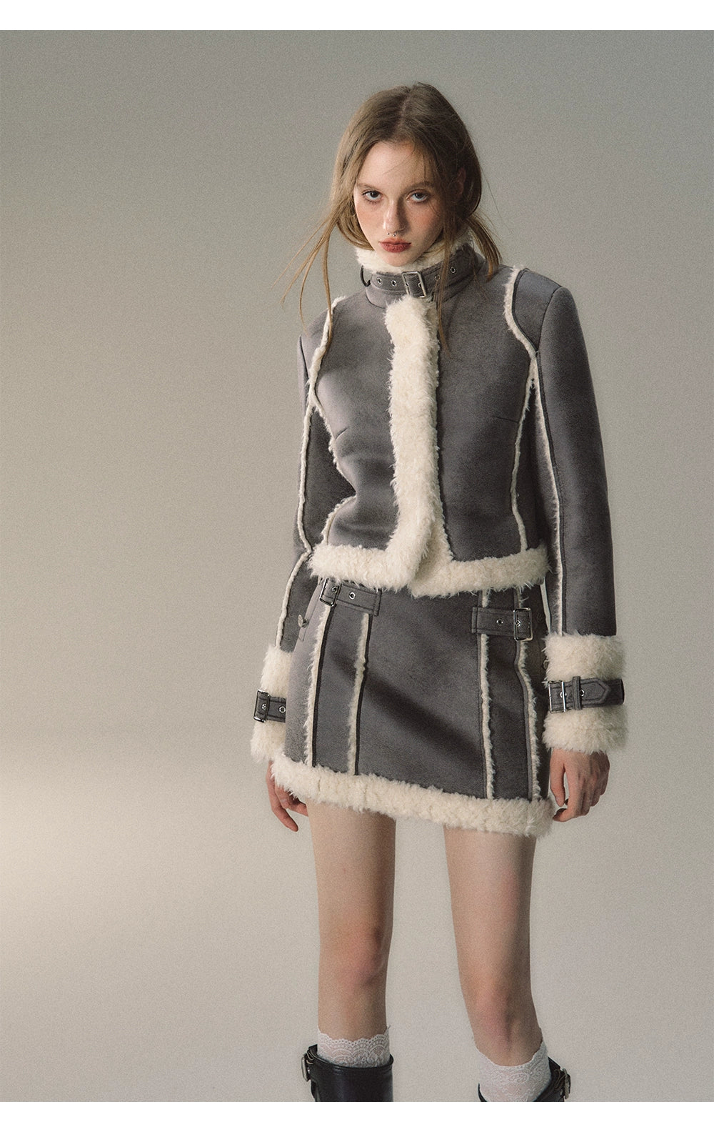 Grey Short Plush Shearling Jacket &amp; Skirt Set - CHINASQUAD
