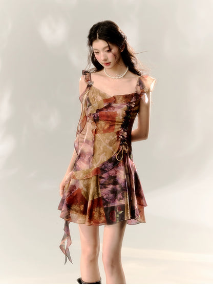 Floral Pattern A-line Waist-cinching  Dress