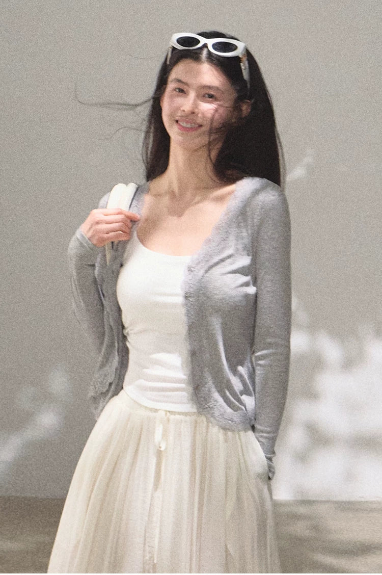 Lyocell Wool Lace-Trim Fitted Knit Cardigan