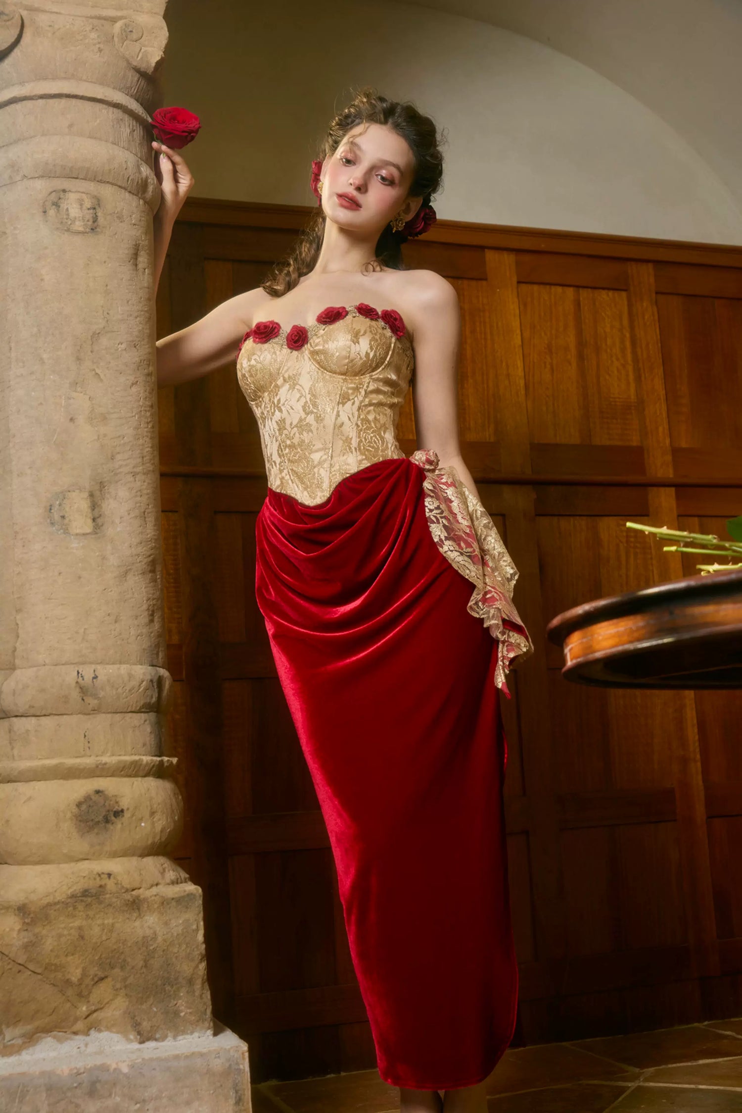Red French Vintage Strapless Corset Dress Red (Pre-sale) / L