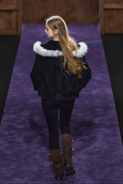 Wool-Blend Faux Fur Trimmed Fleece Hoodie