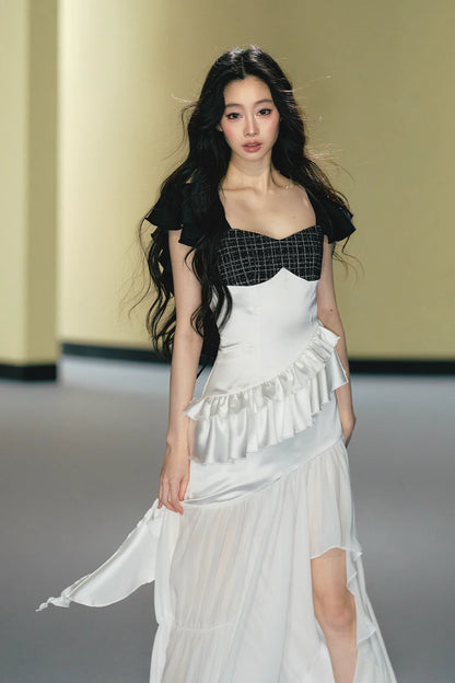 Contrast Tweed Satin Patchwork Maxi Dress