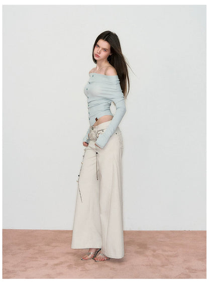 Off-Shoulder Long-Sleeve Knit T-Shirt