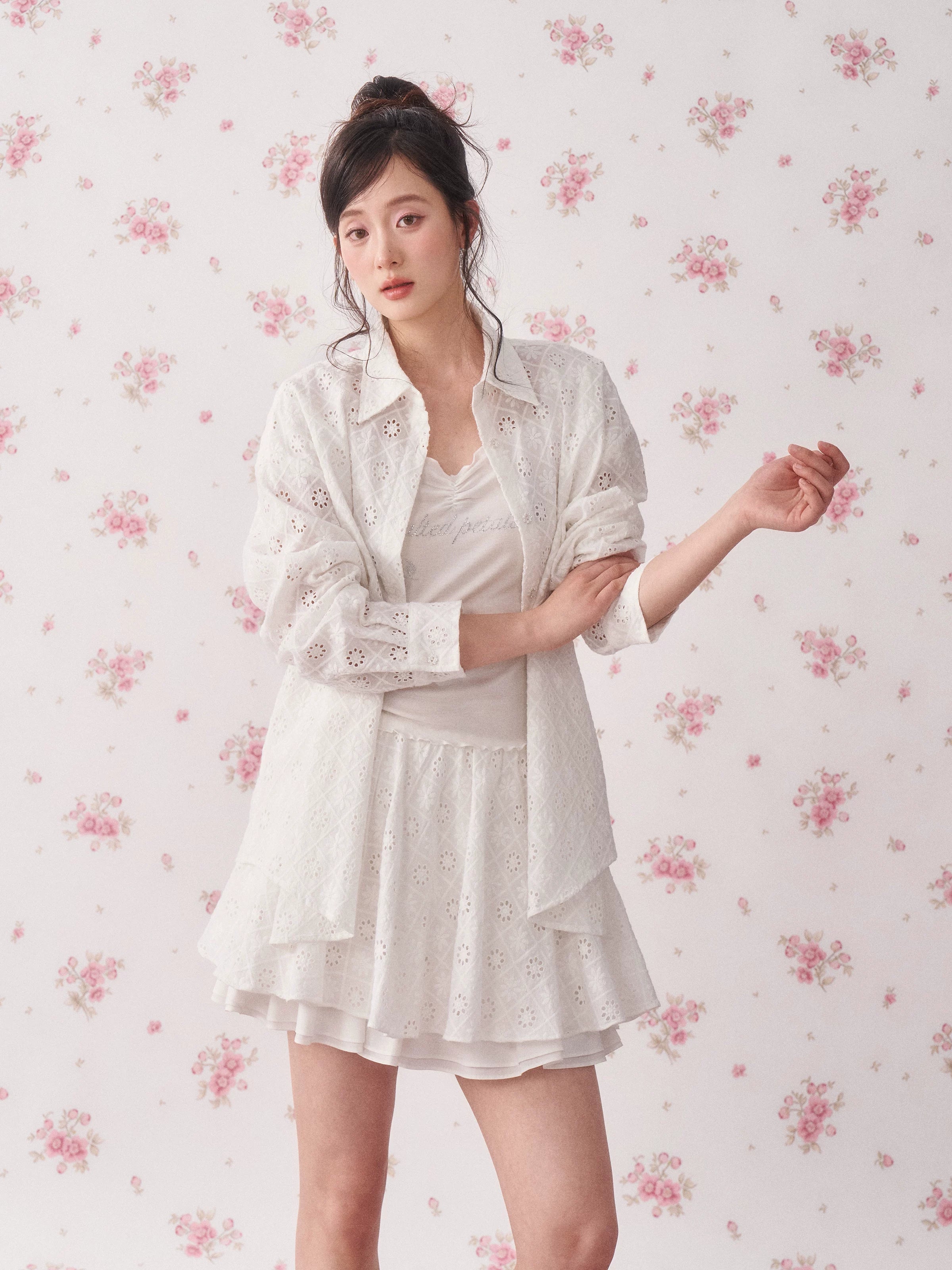 Lace Cutout Shirt &amp; Pleated Skirt Set