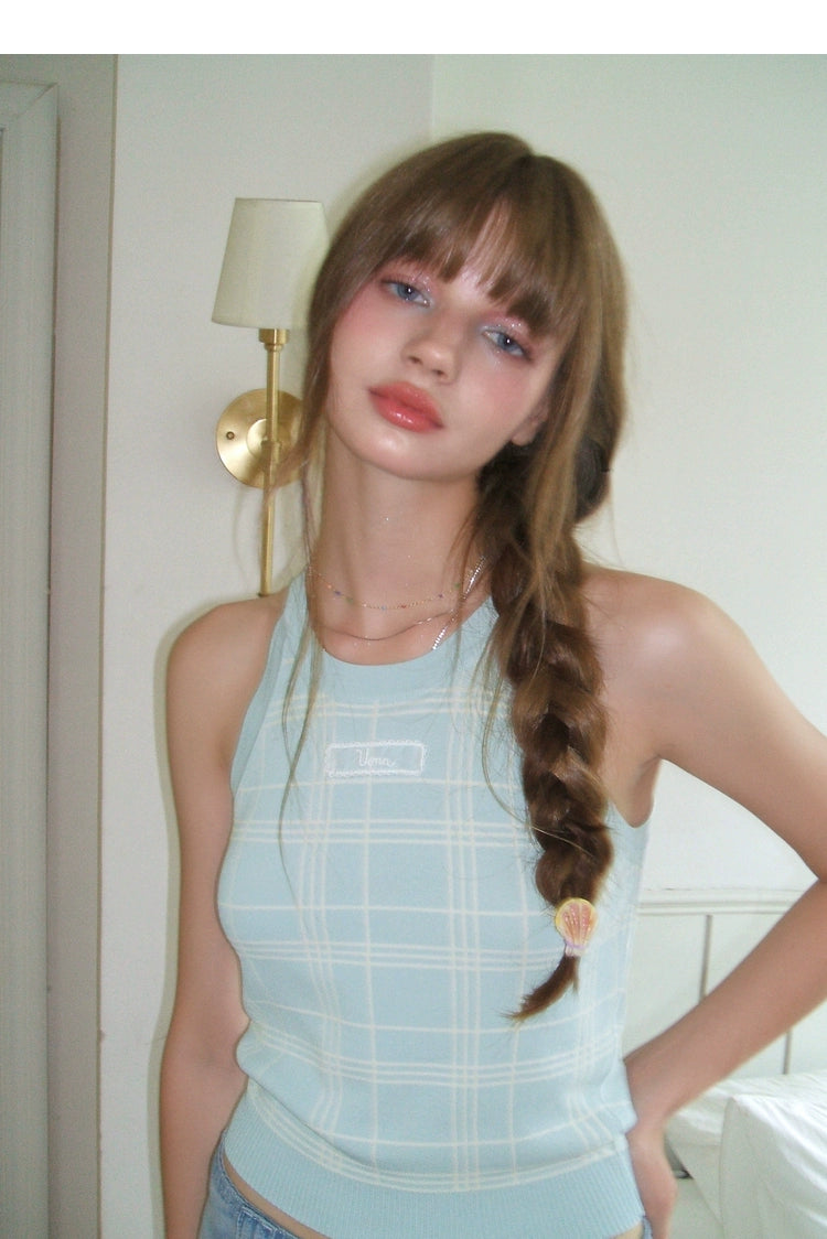 Light Green Gingham Mesh Halterneck Vest