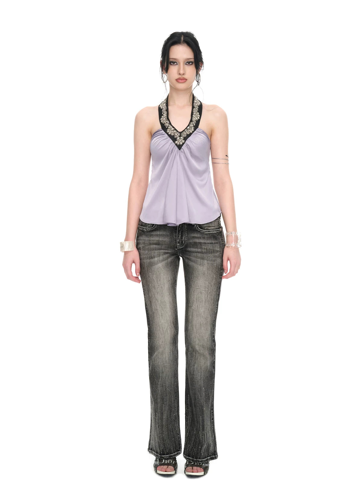 Lilac Satin Sequin Halter Neck Backless Draped Blouse