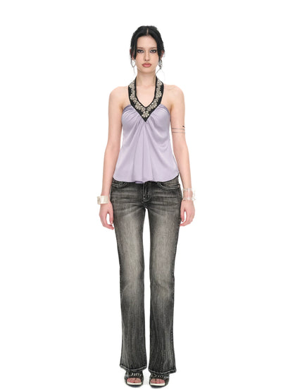 Lilac Satin Sequin Halter Neck Backless Draped Blouse