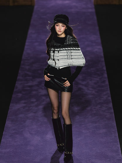 Tweed-Inspired Knit Cape &amp; Crewneck Set