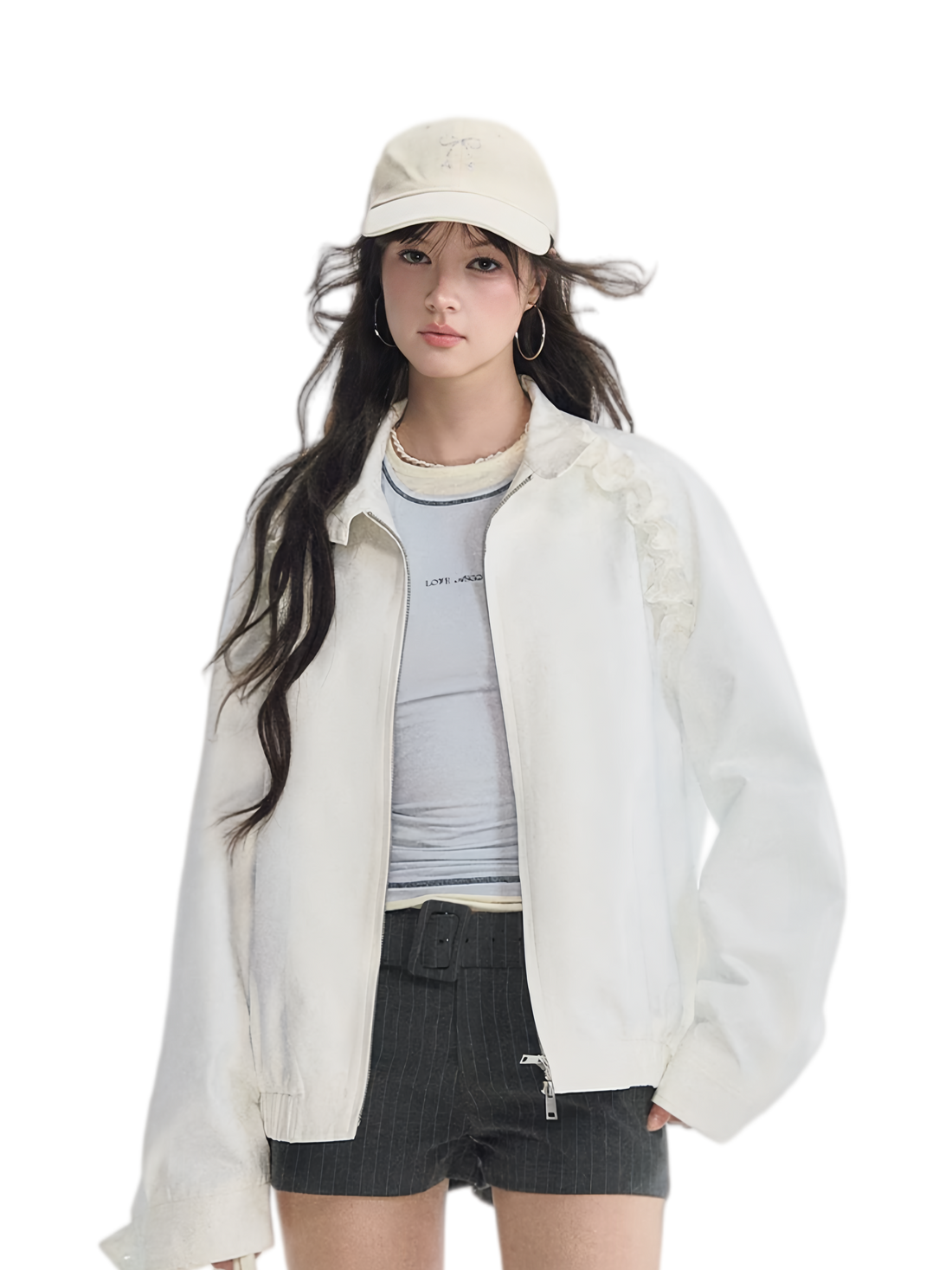 Ruffled Stand Collar Harrington Jacket