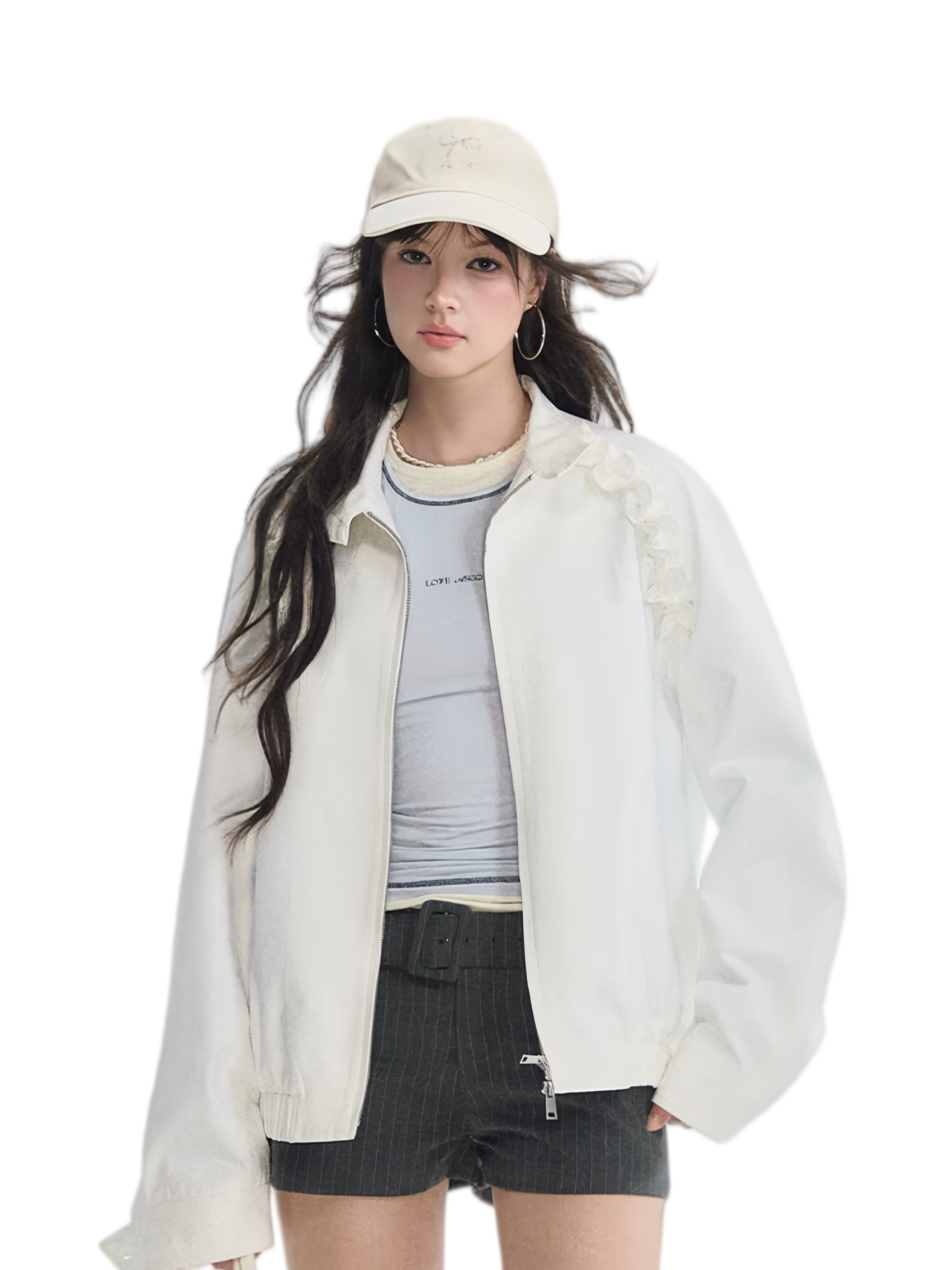 Ruffled Stand Collar Harrington Jacket