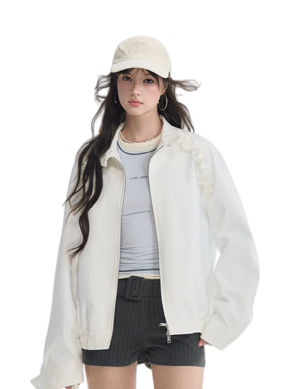 Ruffled Stand Collar Harrington Jacket