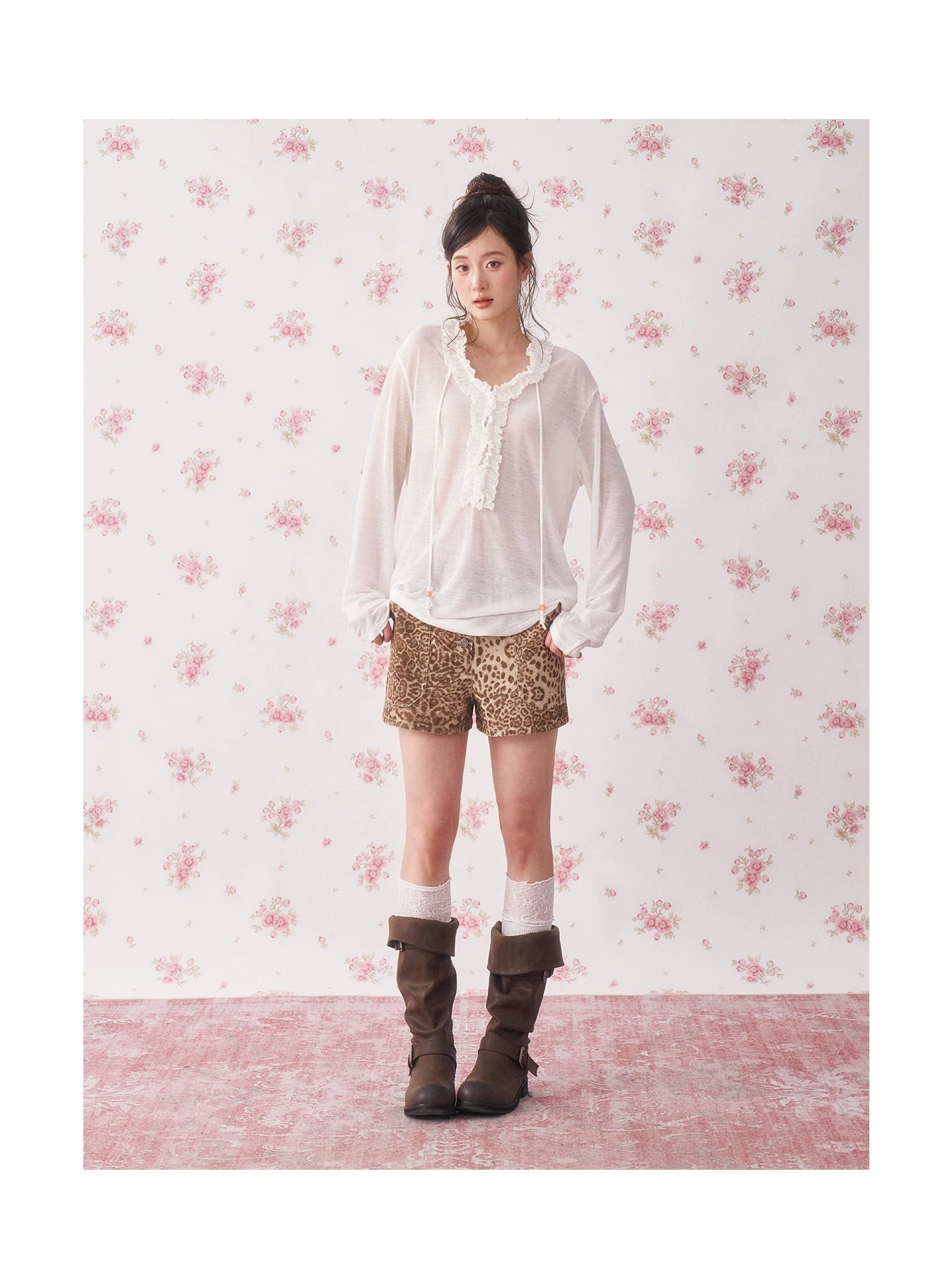 Ruffle Drawstring Sheer Knit Sun-Protective Long Sleeve Top