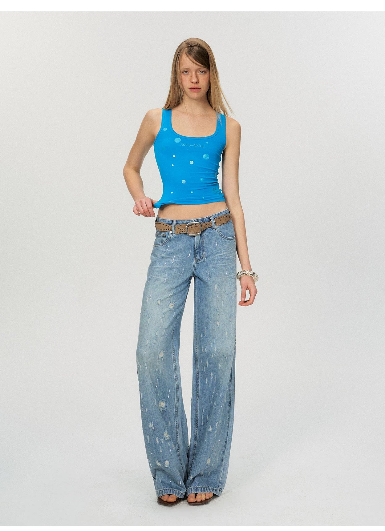Vintage Washed Blue Rhinestone Embellished Straight-Leg Denim Trousers